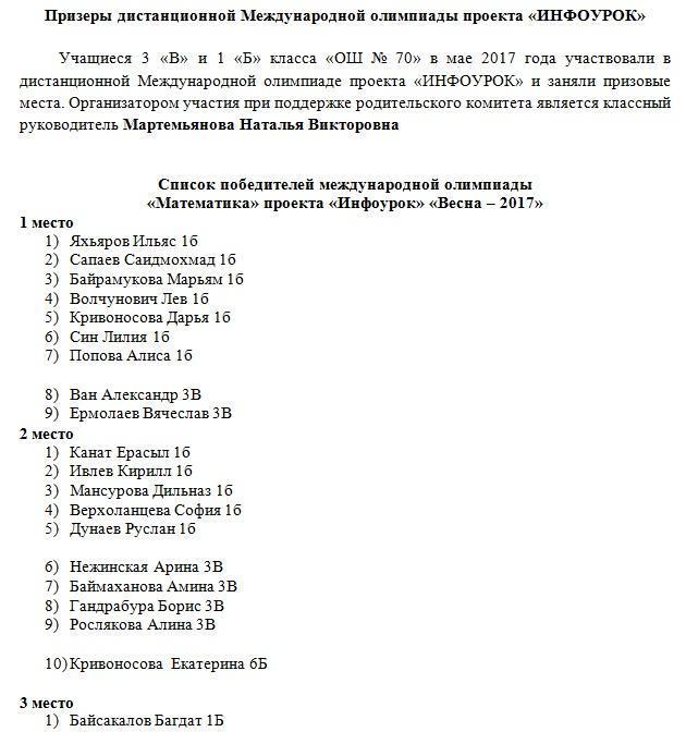 Призеры дистанционной Международной олимпиады проекта «ИНФОУРОК»