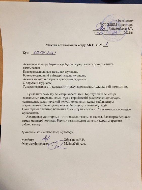 Акт №1 проверки школьной столовой от 30.09.2021 год