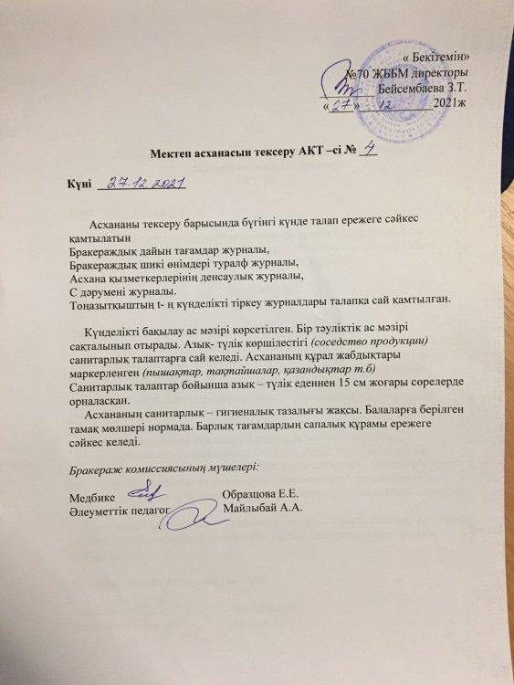 Акт №4 проверки школьной столовой от 27.12.2021 год