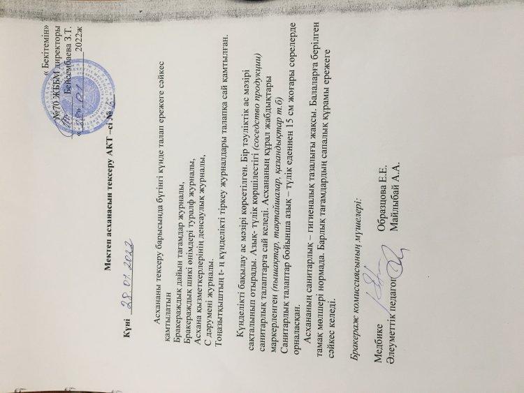 Акт №5 проверки школьной столовой от 28.01.2022год