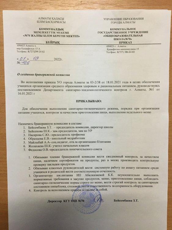 Приказ о создании бракеражной комиссии